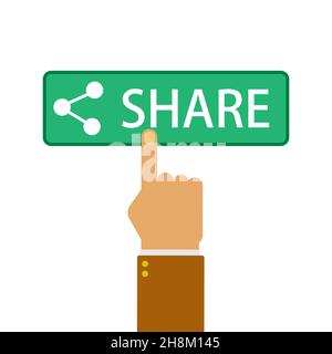 Sharing button. Hand pressing icon share. Vector illustration flat design. Isolated on white background. Gesture of finger pressing share button. Soci Stock Vector