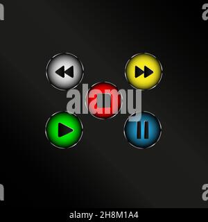 Set of musical buttons multi-colored stop, play, rewind, pause. Stock Vector