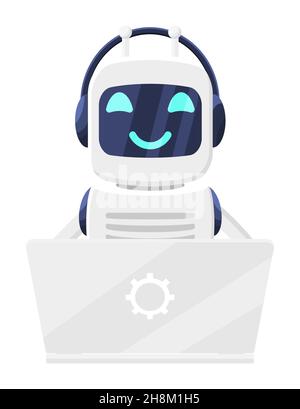 Robot Using Laptop Isolated on White. Stock Vector