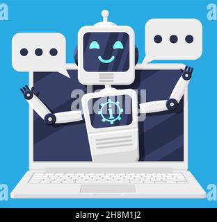 Laptop with Chat Bot Speak in Bubble on Screen. Stock Vector