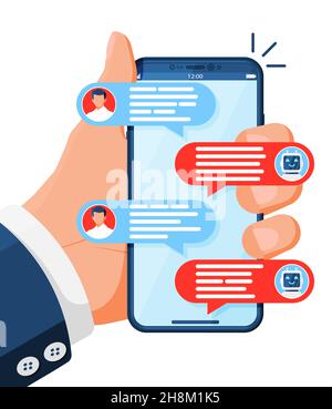 Chatting on Smartphone with Chat Bot Robot Stock Vector