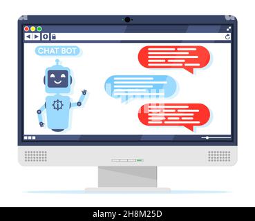 Computer with Chat Bot Speak in Bubble on Screen Stock Vector