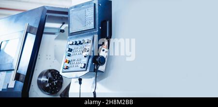 Banner Control panel Industrial modern CNC drill robot for detail machine factory Stock Photo