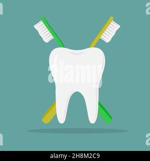 tooth with toothbrush .Vector modern flat style illustration.Isolated blue background. Stock Vector