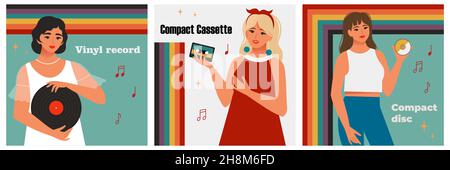 Media for recording music, from vinyl records to CDs. 1930s, 1960s, 1990s year. Womens with music disk. Retro style vector illustration Stock Vector