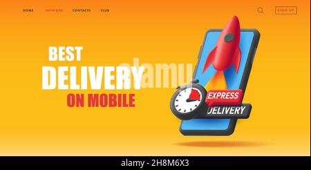 Web banner with 3d illustration of smartphone with rocket and stopwatch for delivery company, trendy render graphic on bright background Stock Vector