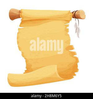 Parchment scroll with feather on wooden stick in cartoon style isolated on white background. Game asset, design element. Ancient, medieval paper. Vector illustration Stock Vector