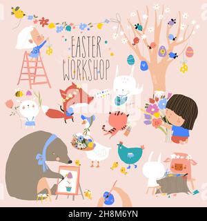 Cartoon Set with Cute Animals getting ready for Easter,painting,Handiwork Stock Vector