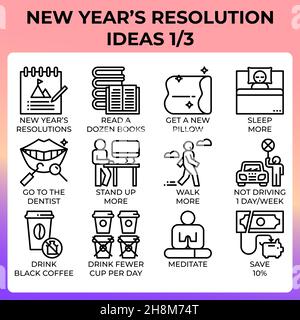 New year's resolution ideas icon set in modern style for ui, ux, web, app, brochure, flyer and presentation design, etc. Stock Vector