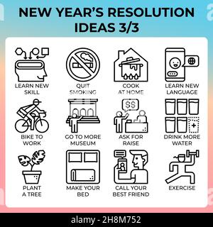 New year's resolution ideas icon set in modern style for ui, ux, web, app, brochure, flyer and presentation design, etc. Stock Vector
