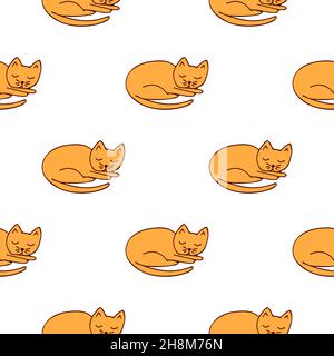 Seamless pattern cute ginger sleeping cat. Colorful vector illustration on white background. Affectionate fluffy purring pet. Hand drawn print or card Stock Vector