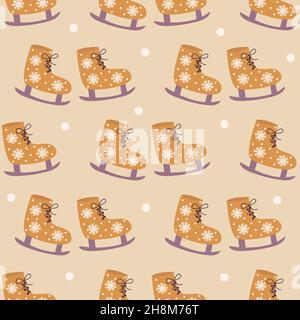 Seamless pattern skates with a snowflakes. Winter entertainment, ice skating. Snowing. Colorful vector illustration hand drawn print. Wrapping, textil Stock Vector