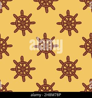 Seamless pattern. Steering wheel of the ship. Wooden rudder, antique equipment. Colorful vector illustration hand drawn print or card. Wrapping or fab Stock Vector