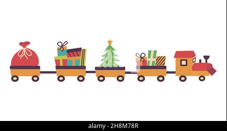 Christmas train with gifts in the carriages, Christmas tree and Santas bag. Delivery of gifts. Colorful vector illustration hand drawn isolated. Happy Stock Vector