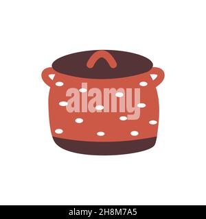 Cute red saucepan with lid and polka dot pattern. Kitchen utensils, dishes for cooking hot dishes, soups. Colorful vector illustration hand drawn isol Stock Vector