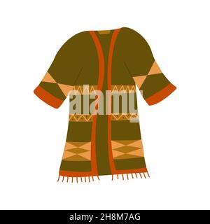 Warm cozy green boho coat. Jacket or cape with ethnic print and tassels at the bottom. Outerwear for fall or winter, bohemian trendy colors. Hand draw Stock Vector