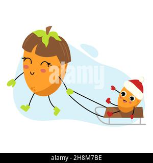 Persimmon character. Mom rides her son on a sled. Cute cartoon winter mascots. Funny clipart for Christmas and New Year design. Kawaii sweet fruit. Stock Vector