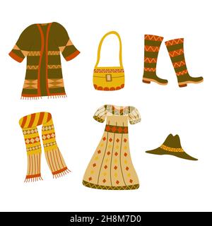 Set of clothes in boho style. Collection of things. Coat, dress and scarf, boots, hat and bag. Trendy outfits. Warm and cozy bohemian look. Scandinavi Stock Vector