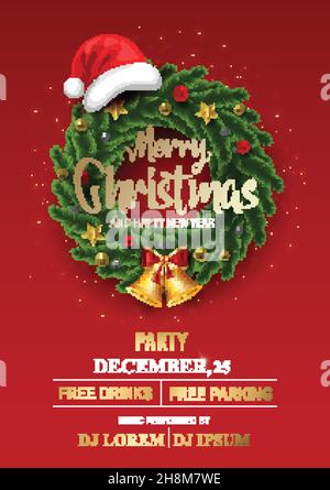 Merry Christmas background. Christmas green wreath with golden bell . party invitation Vector illustration design Stock Vector