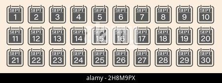 September is a month with numbers. A set of calendar sheets for a website, applications and creative design. Flat design. Stock Vector