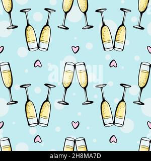 Glasses of champagne seamless doodle pattern. Cheers vector illustration on blue background. Valentines day greeting card, anniversary celebration poster Stock Vector