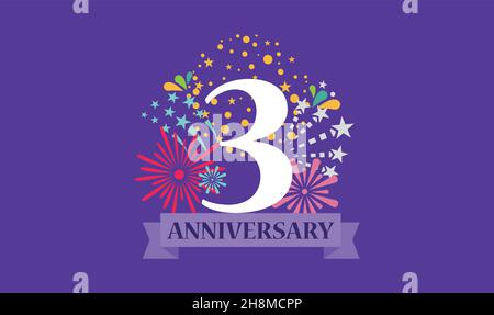 3 year anniversary banner with open burst gift box. Template first birthday celebration and abstract text on white background illustration Stock Vector