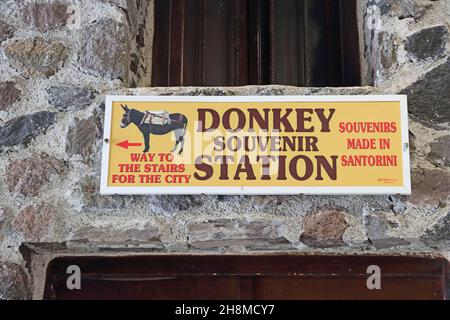 Sign for souvenirs on path from Harbour to town of Fira, Santorini, Greece Stock Photo