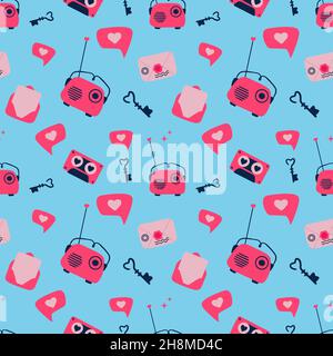 Pink Blue Valentines Day seamless pattern with different love symbol elements. Vector illustration in simple style Stock Vector