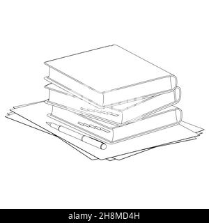 https://l450v.alamy.com/450v/2h8md4h/contour-of-a-stack-of-books-with-paper-and-a-pen-from-black-lines-isolated-on-a-white-background-vector-illustration-2h8md4h.jpg