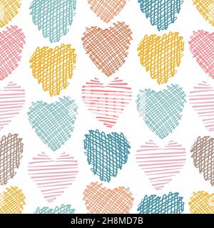 Seamless pattern in hand-drawn hearts. Minimalist Scandinavian style in pastel retro colors. Used for clothes, textiles, fabrics, wrapping paper etc Stock Vector