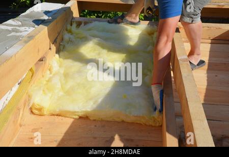 House Roof Insulation. A roofer is installing mineral wool insulation between the roof rafters and loft joists. Roofing construction. Stock Photo