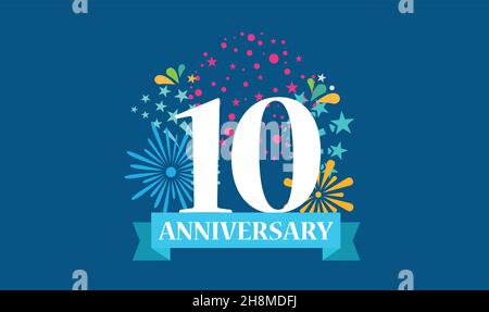 10 years anniversary banner with open burst gift box. Template first birthday celebration and abstract text on blue background illustration Stock Vector