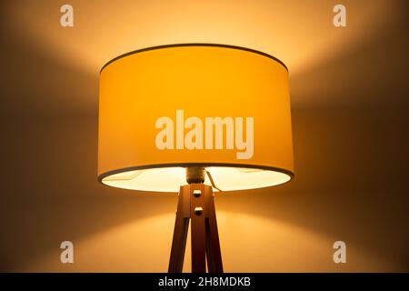 a standing light burning in front of a white wall, floor lamp Stock Photo