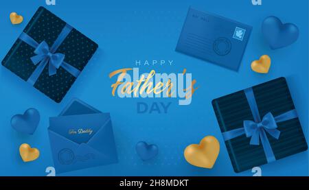 Happy Father’s Day banner with gift boxes, envelope and hearts in dark blue, and golden colors. Vector illustration in 3d render realistic style Stock Vector