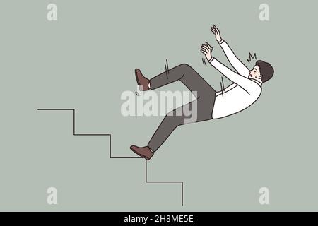 Business crisis and failure concept. Young stressed businessman manager falling down from ladder stairs feeling panic and fear vector illustration  Stock Vector