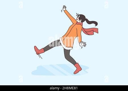 Failure and falling down concept. Young woman feeling slippery on ice in winter falling down with hands stretched trying to get balance vector illustration  Stock Vector