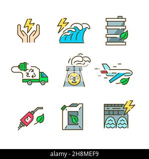 Sustainable energy. Green eco friendly alternative sources. Wave, nuclear, hydroelectric and other. Pixel perfect, editable stroke Stock Vector