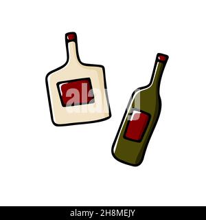 Doodle bottle. Color flask isolated on white background. Hand-drawn color kitchen utensils, beverage kitchenware, dishes for drinks, alcohol, oil. Win Stock Vector