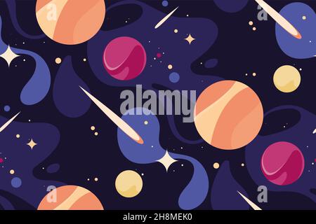 Seamless pattern with planets and comets. Texture with space objects in flat style. Stock Vector