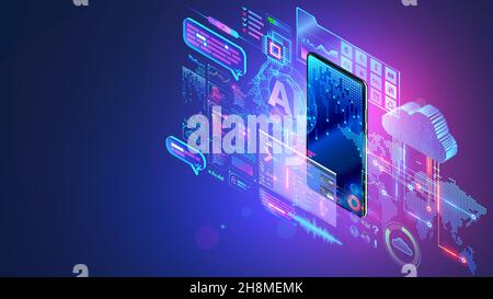 Mobile technology isometric concept. Phone communication with internet services all over world. AI, big data, cloud computing, neural networks in Stock Vector