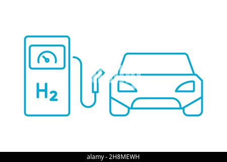 Fuel cell car at the hydrogen filling station line icon. H2 fuel gas pump. Fuel cell vehicle charging. Sustainable clean energy sources. Vector, flat. Stock Vector