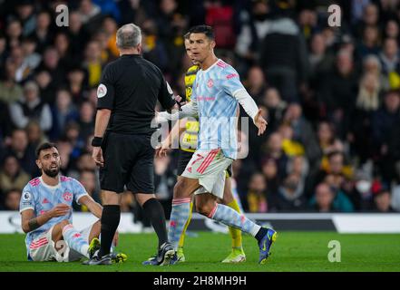 Watford, UK. 20th Nov, 2021. Cristiano Ronaldo and Bruno Fernandes of Man Utd during the Premier League match between Watford and Manchester United at Vicarage Road, Watford, England on 20 November 2021. Photo by Andy Rowland. Credit: PRiME Media Images/Alamy Live News