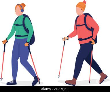 Adults hiking in winter semi flat color vector character set Stock Vector