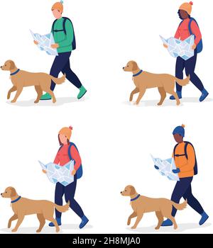 Person trekking with dog semi flat color vector character set Stock Vector
