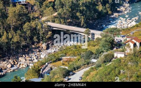 River Satluj with bridge in aerial view and Sarahan hill station at Himachal Pradesh, India Stock Photo