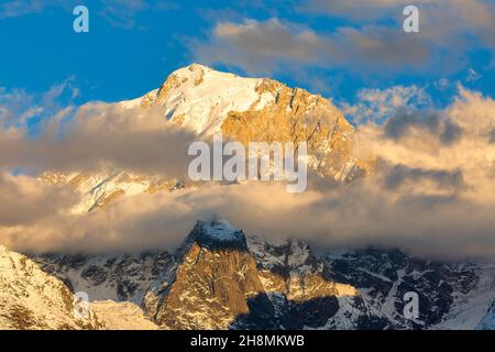 Kailash Himalaya mountain range snow peaks at sunset as viewed from Kaza at Himachal Pradesh, India Stock Photo