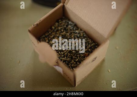 A bunch of new silver self-tapping screws in a cardboard box on a dusty green osb Stock Photo