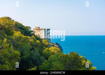 Ancient tower on a cliff of Porto Selvaggio, Salento, Apulia, Italy Stock Photo