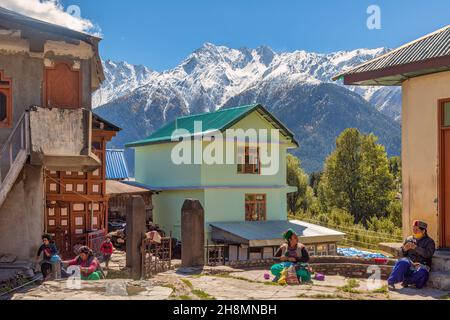 Scenic Himachal village at Kalpa with majestic Kinnaur Kailash Himalaya mountain range at Himachal Pradesh India Stock Photo