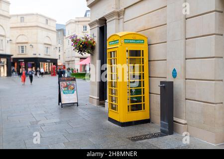 City of Bath, UK. 08-07-2021. Defibrillator street booth. Unused phone box converted to accommodate life saving equipment in public places. Stock Photo